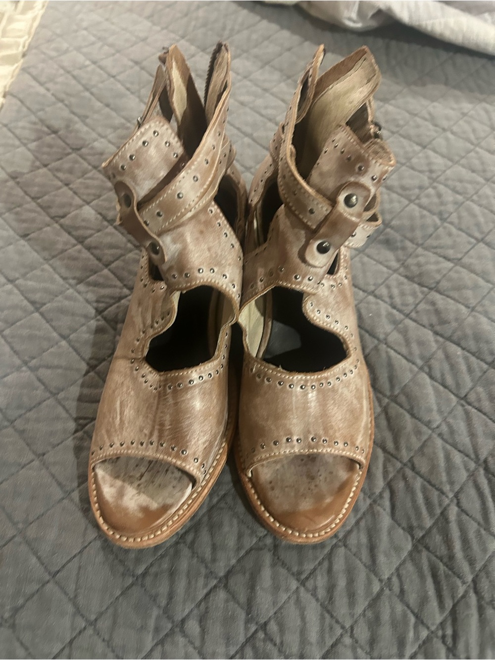 Freebird by Steven Distressed Tan Open-Toe Studded Ankle Heels